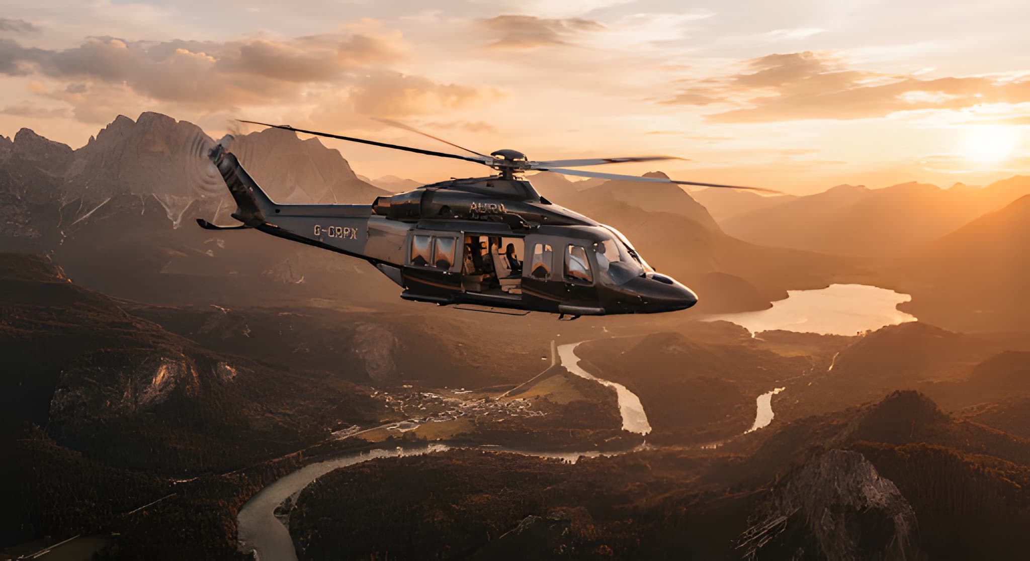 Helicopter flying over a mountain landscape at golden hour