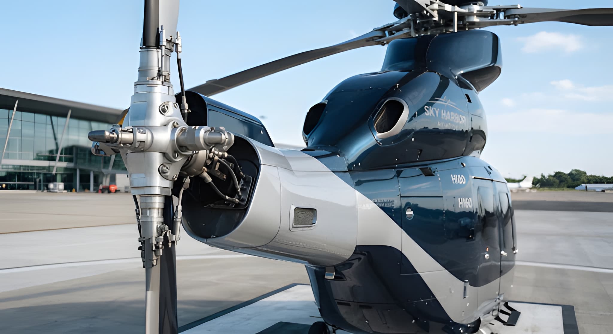Close view of a helicopter exterior and rotor assembly