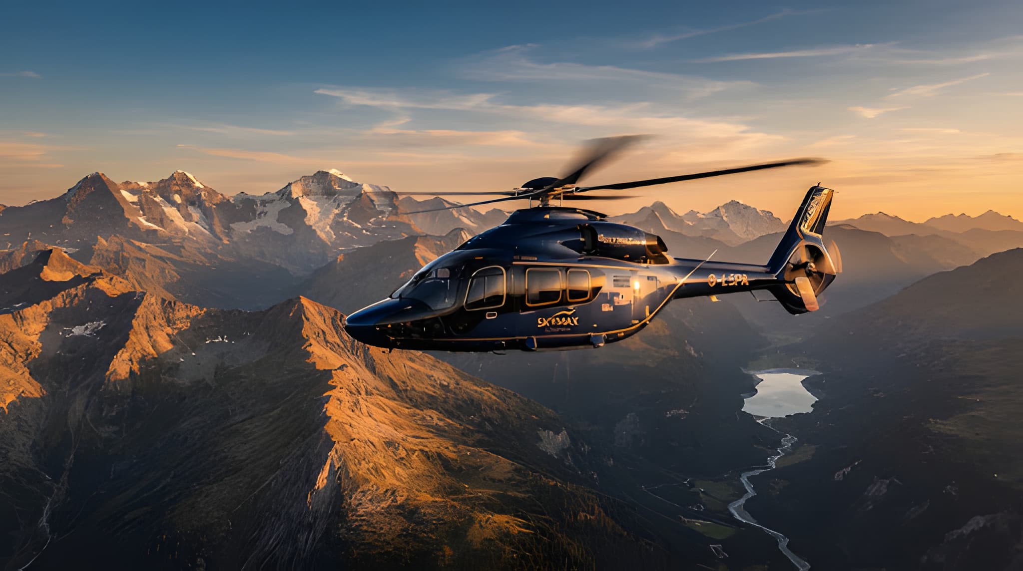 Helicopter flying above a mountain range at golden hour