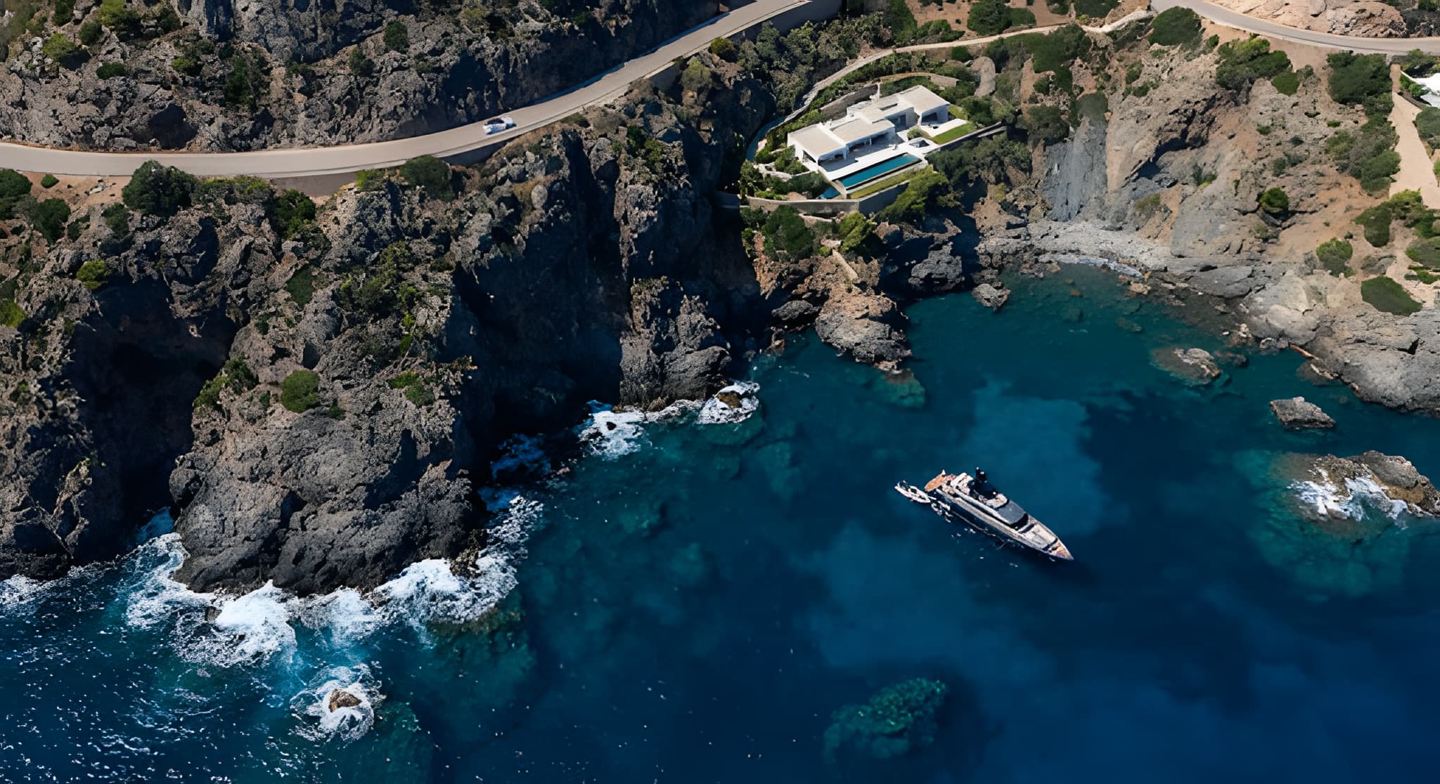 Aerial view of a rugged coastline and blue water