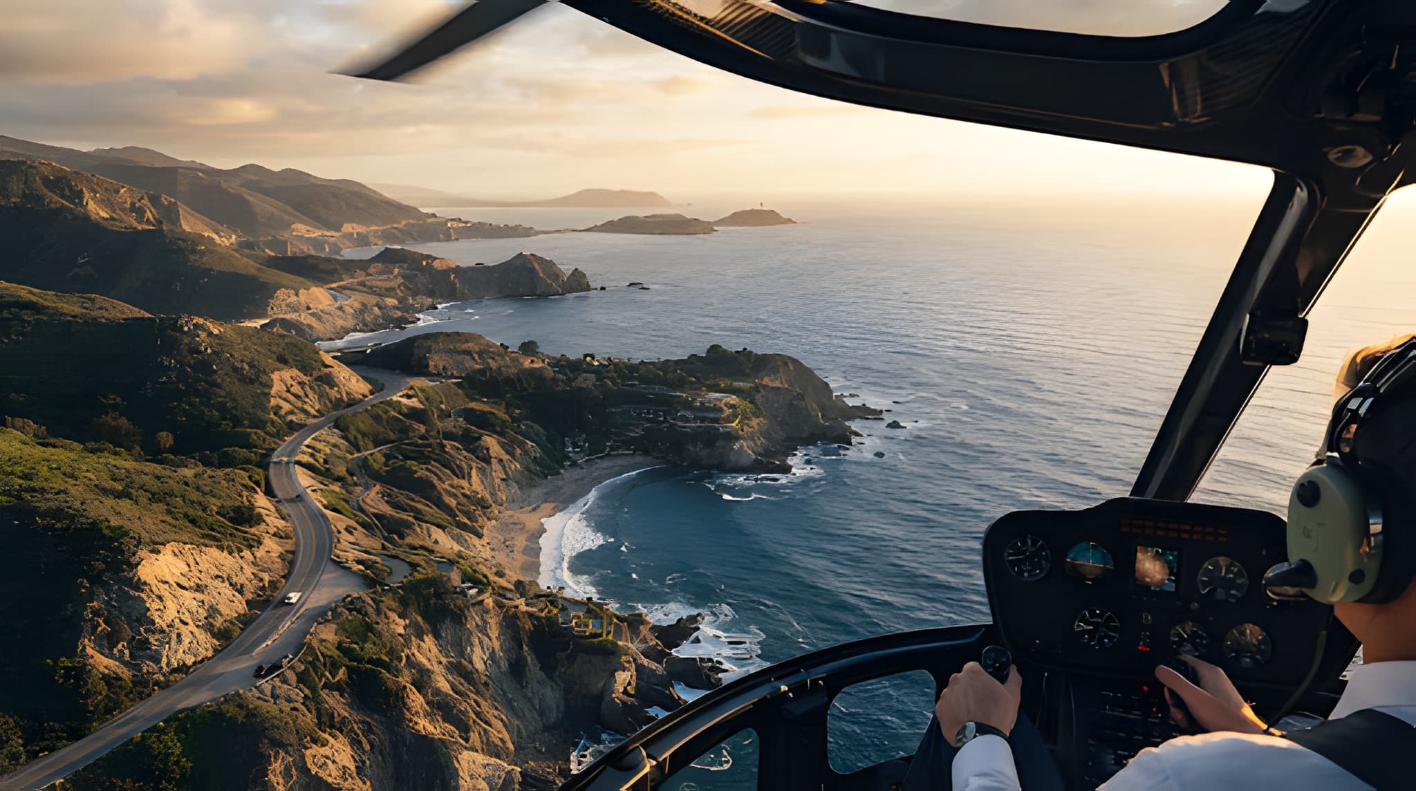 Aerial view of a coastal landscape from a helicopter